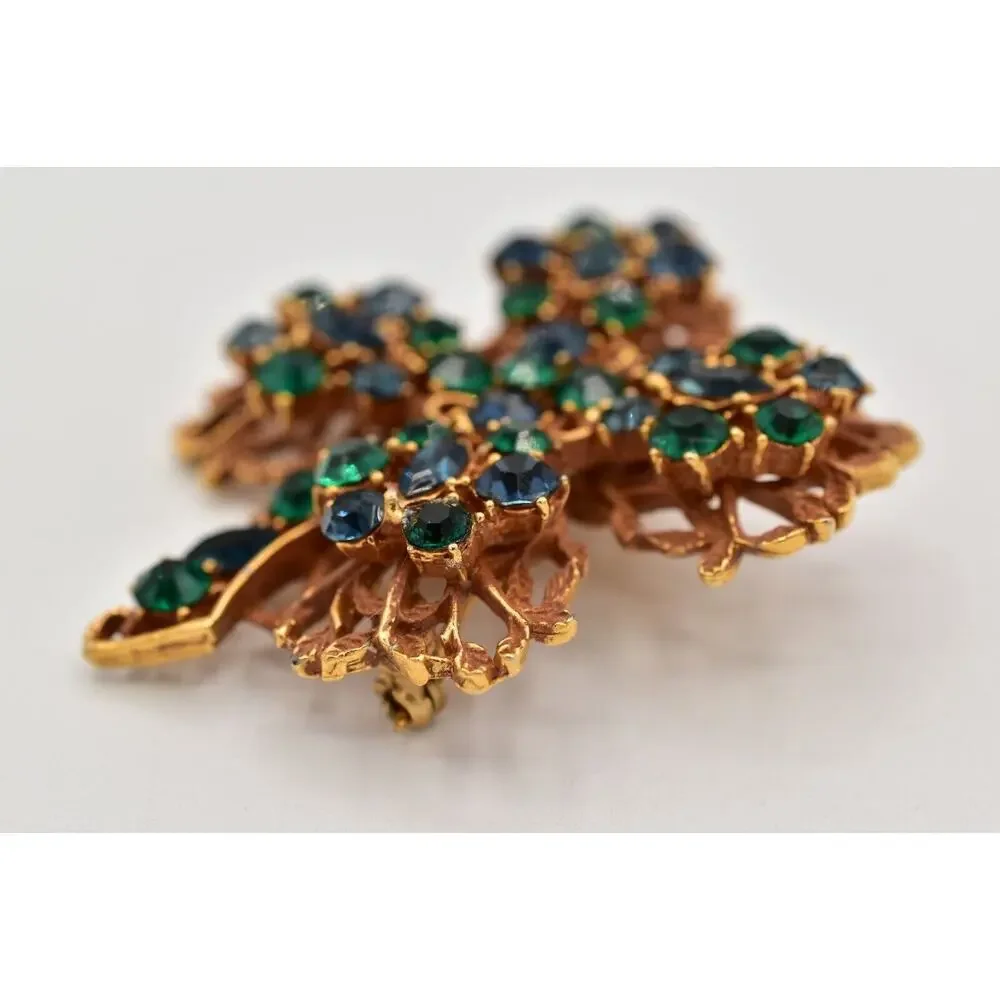 BSK Vintage Crystal Clover Pin Brooch Green Blue Rhinestone Gold Signed BinBG